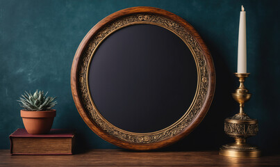 A large, ornate wooden frame sits on a wooden table against a teal wall, with a potted succulent and a candle in a brass candlestick beside it