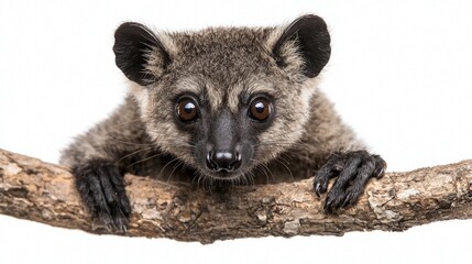 Wall Mural - adorable cuscus clings to a tree branch, its captivating large eyes and thick fur making it a striking presence against a blank white backdrop.