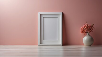 A white paper frame with a pink background.