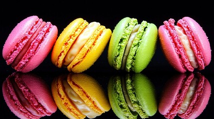 Poster -   A row of colorful macaroons rests on a dark surface, their reflections mirrored beneath them