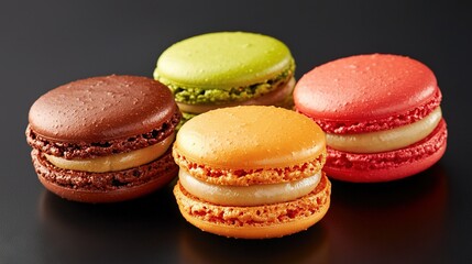 Canvas Print -   Three macaroons rest atop a black table in unison