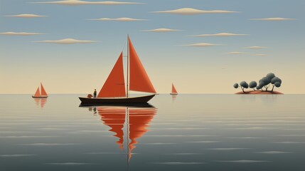 Poster - Serene yacht sailing on tranquil waters with scenic islands glimmering on the horizon