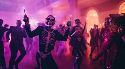 Sticker - A lively party scene with guests dressed in skeleton costumes, dancing amidst colorful lights.