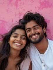 A young Indian couple laughs together, their joy infectious against a vivid pink background. Their casual traditional attire adds a touch of cultural essence.