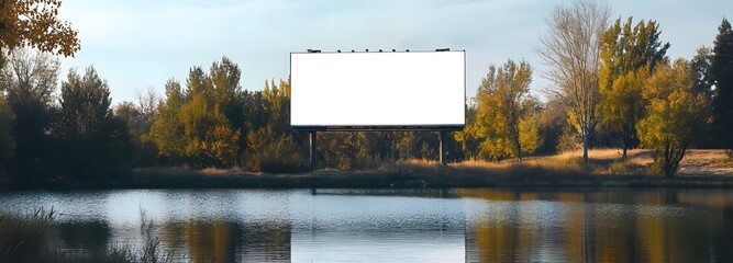 Wall Mural - 38. A billboard on a scenic lakeshore with calm waters and surrounding trees, featuring a clean white area