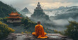 © visoot - A monk meditates in front of the Buddha statue, with misty mountains and green forests behind him. The huge Buddha sits on top of a rock wall. Generative AI.