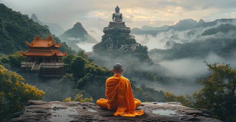 a monk meditates in front of the buddha statue, with misty mountains and green forests behind him. t
