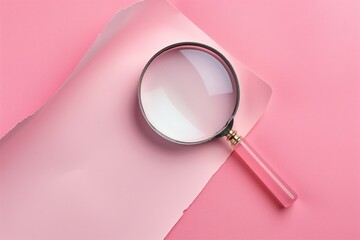 A pink magnifying glass is on a pink background