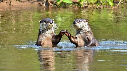 Wall Mural -   Two otters, hand in hand, stand in water, gazing into each other's eyes