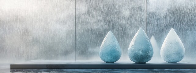 podium shaped like droplets of water. The background is a glass wall with a subtle foggy texture, giving the impression of a rainy day. Pedestal for product presentation