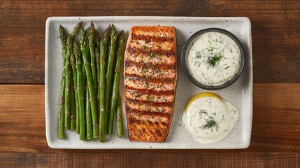 Poster -   Grilled Salmon Plate with Asparagus & Ranch Dressing on Wood Table