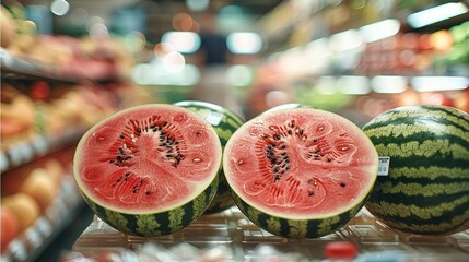 Wall Mural - Close up of a watermelon cut in half. In a supermarket aisle. Generative AI.