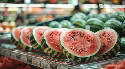 Wall Mural - Close up of a watermelon cut in half. In a supermarket aisle. Generative AI.