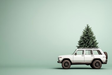 On green background, white truck with pine tree carries sparkling lights. Trendy 3D render for social media banners, promotions, Christmas.