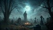 © Rafay - Eerie Ghostly Figure Hovering Over an Old Grave Perfect For Halloween Themes and Spooky Decor
