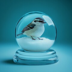 The Christmas ornament has a bird on the snow inside it. Transparent round ornament.