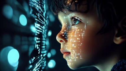 Little boy with digital code data overlay, cyberspace and information technology of the future. Ai education and cybersecurity