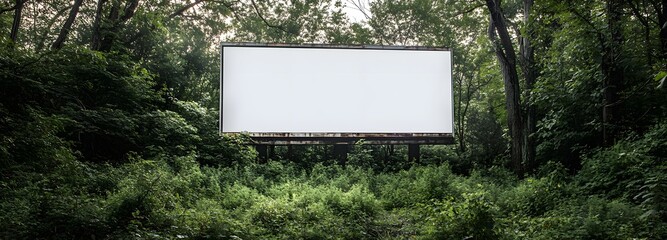 Wall Mural - 26. A billboard in a densely wooded forest with trees and foliage surrounding it, emphasizing the large white area