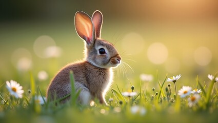 Wall Mural - Beautiful baby rabbit in wildflowers at sunset with soft fur and large ears blurred meadow backdrop