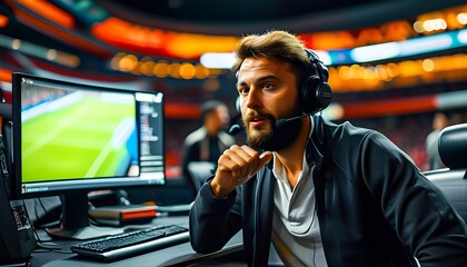 Dynamic sports commentary from a broadcasting booth during an intense soccer match