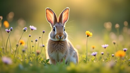 Wall Mural - Beautiful baby rabbit in wildflowers at sunset with soft fur and large ears blurred meadow backdrop