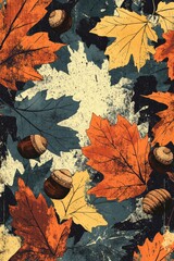 Poster - Close up of an autumn forest floor with leaves and acorns