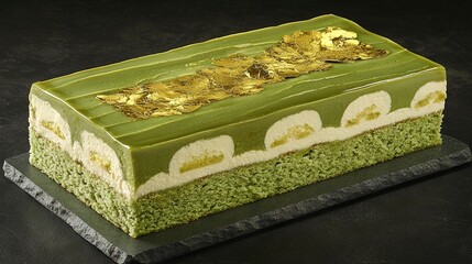 Sticker -   Green Cake with Gold Leaf on Black Surface