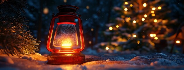 In the snow stands a large vintage white street lamp. A festive Christmas winter decoration.