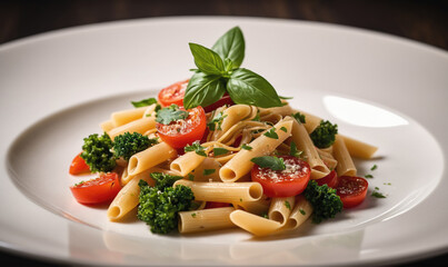 A plate of pasta with cherry tomatoes, broccoli, and basil