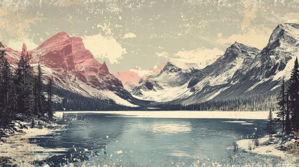 Wall Mural - Illustration of a panoramic scene featuring a snow covered lake surrounded by towering mountains Winter landscape of a serene mountain lake