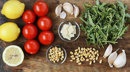   A wooden table with lemons, tomatoes, garlic, and other foodstuffs on top