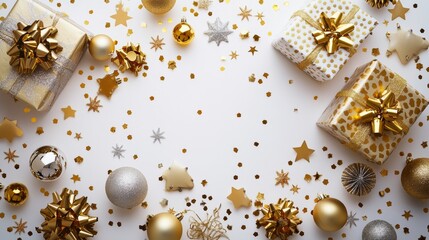 The theme of this Flat Lay Background is a beautiful Christmas golden shiny decoration on a white background of the New Year composition. A holiday greetings card, a top view, created with the use of