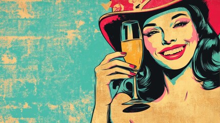 Fun retro illustration of a cheerful young woman in a festive hat holding a glass of champagne smiling joyfully