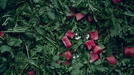 Sticker -   A bed of green leafy leaves and sprouts with a pile of watermelon and spinach on top