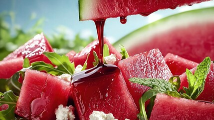   A plateful of juicy watermelon wedges being sprinkled with zesty ketchup under the bright summer sun