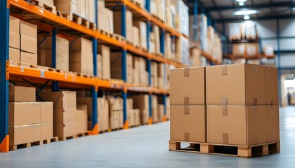 Wall Mural - Organized cardboard boxes on warehouse shelves with a blurred backdrop