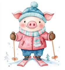 detailed watercolor illustration of a snow skiing pig dressed in a shawl and fur coat