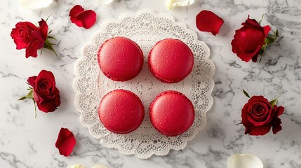 Poster -   Four red macaroons on a white doily with red roses on a white marble table and a lace doily