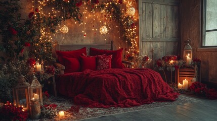 Wall Mural - Stylish Christmas room interior design in boho style. Decorated with seasonal Christmas objects. Hyper-realistic photography.