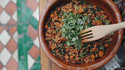   A wooden spoon rests in a bowl brimming with a blend of rice and veggies on a wooden table