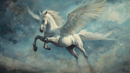 artistic style painting of a flying horse with wings horse in the sky horse in the clouds with wings