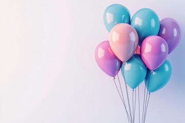 An image of colorful balloons against a white background with a ribbon. There is room for text in the background, and the background is festive.