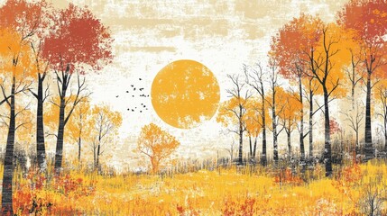 Retro coloring book illustration of a serene autumn forest with yellow hues and natural elements