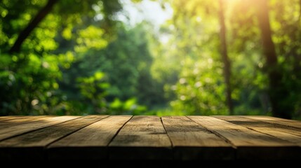 Sticker - Wooden Tabletop with Defocused Green Forest Background