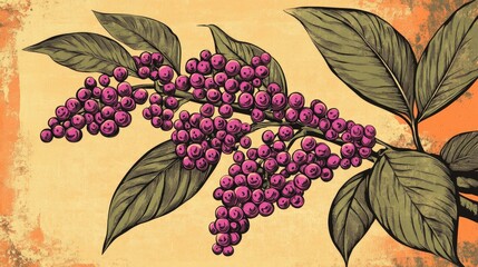 Poster - Retro coloring illustration of beautyberry with small lilac flowers in tight clusters at the branch ends supported by dark green leaves with rough textures that turn red in autumn