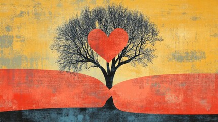 Retro illustration for Valentine s Day featuring a heart shaped tree and ribbon design on a bright background