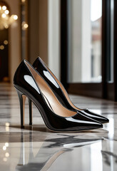 modern black shiny women heels