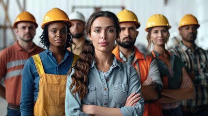 Wall Mural - Group of man and women with strong expressions of determination and unity. The group includes construction workers, teachers, laborers, and auto workers, whom represent various ethnic backgrounds.