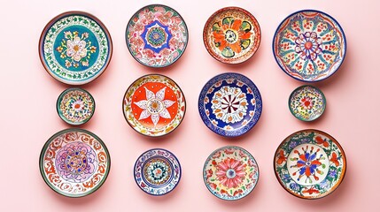 Canvas Print -   A set of multicolored dishes arranged on a pink background amidst a cluster of nine