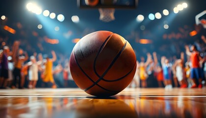 Wall Mural - Basketball shining under spotlight with an enthusiastic crowd cheering in the background